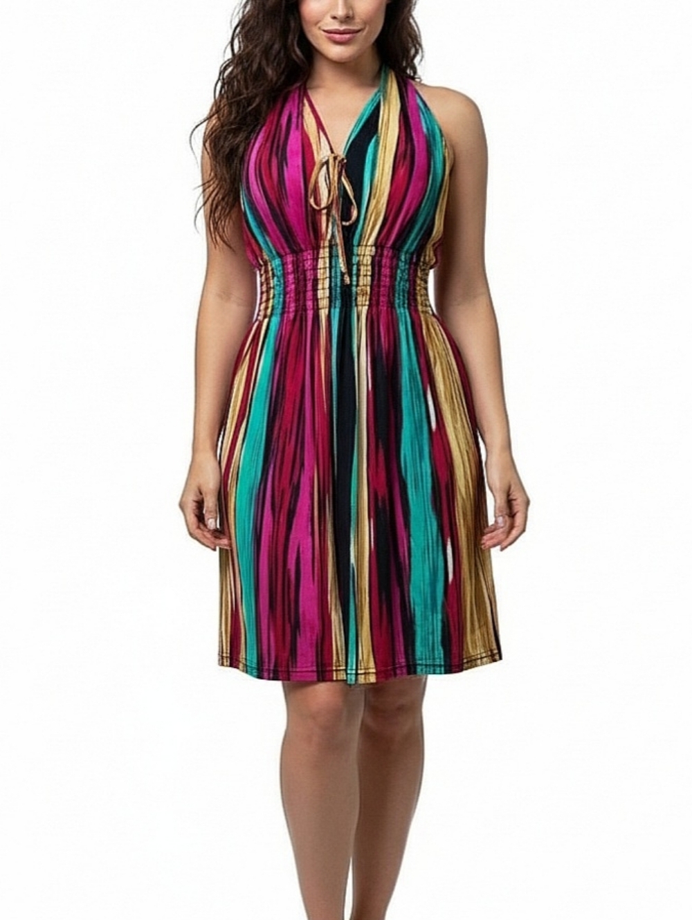V Neck Multicolor Striped Sleeveless Dress Womens Size Large - XL Elastic Waist